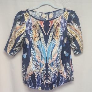 Temperley London 100% Silk Y2K Feather Print Blouse Navy Multi Size US 2 UK 6